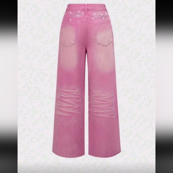 Stylish Pink Wide-Leg Women Jeans With Rhinestone Worn Once - Picture 1 of 3